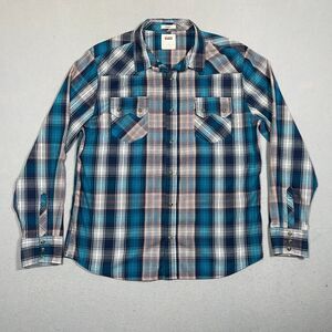 Levis Shirt Youth XL Plaid Blue Western Pearl Snap Cowboy Sawtooth Pocket Casual